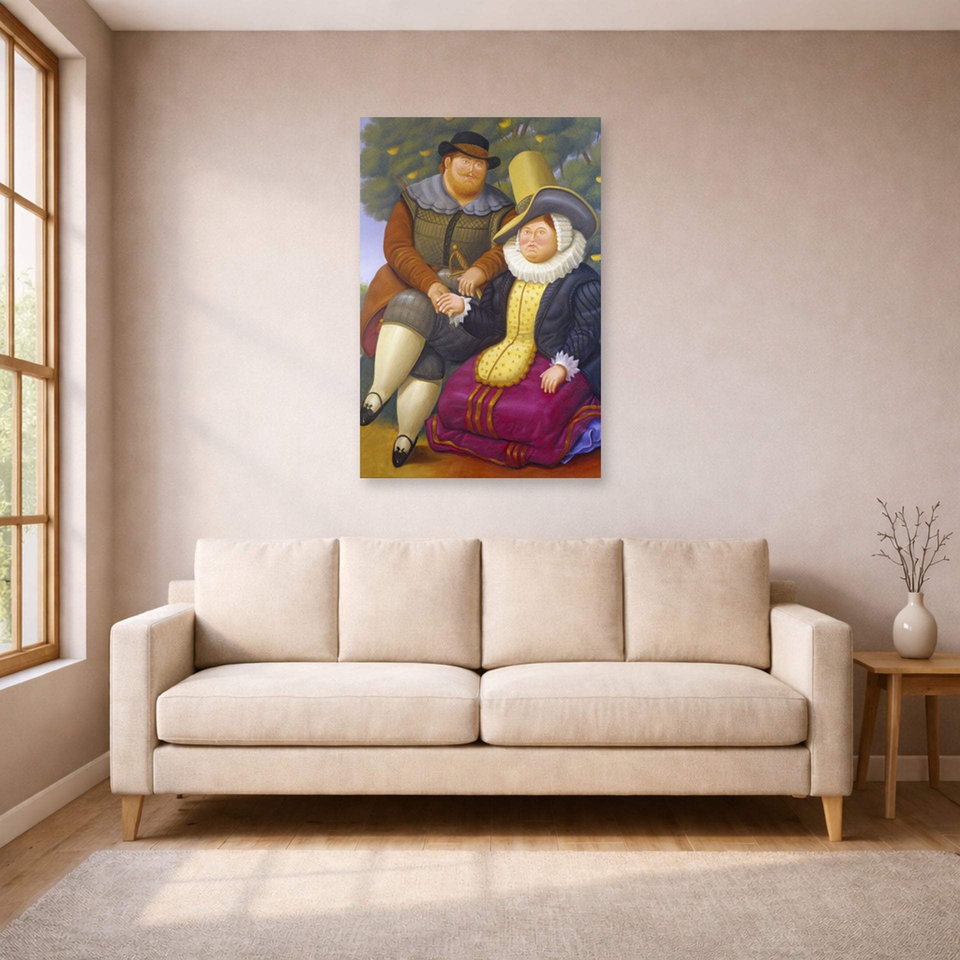 Unframed poster print of Fernando Botero's Rubens displayed on a wall in a living room
