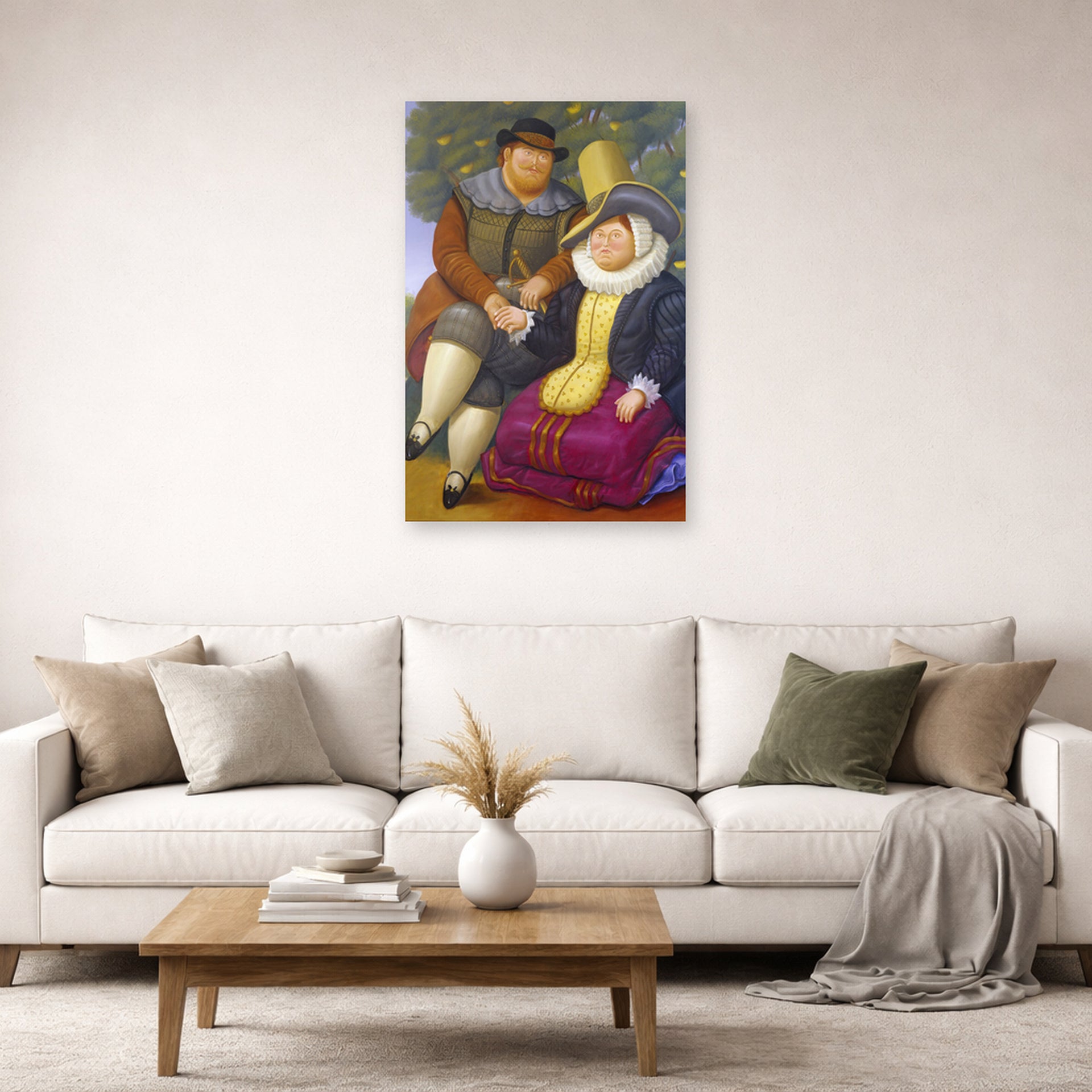 Unframed poster print of Fernando Botero's Rubens displayed on a wall in a living room