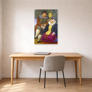 Unframed poster print of Fernando Botero's Rubens displayed on a wall in a home office