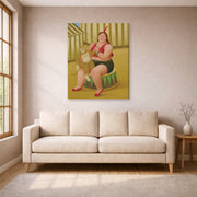 Gallery-wrapped canvas print of Fernando Botero's Seated Woman with Monkey displayed on a wall in a living room