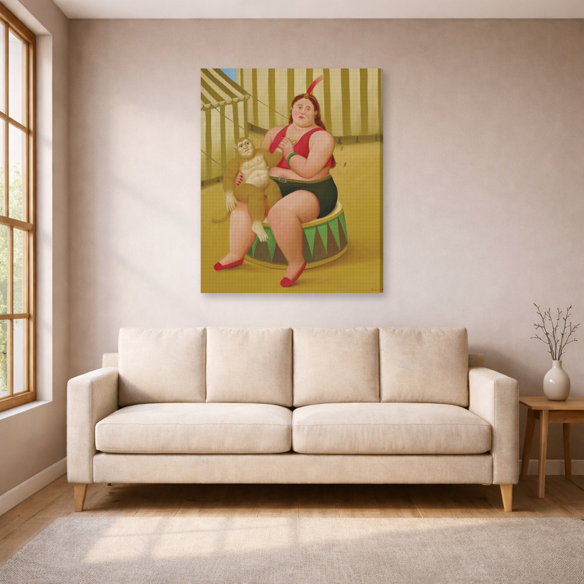 Gallery-wrapped canvas print of Fernando Botero's Seated Woman with Monkey displayed on a wall in a living room