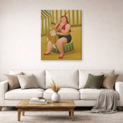 Gallery-wrapped canvas print of Fernando Botero's Seated Woman with Monkey displayed on a wall in a living room