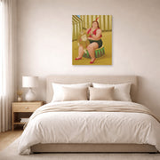 Unframed poster print of Fernando Botero's Seated Woman with Monkey displayed on a wall in a bedroom