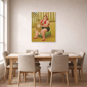 Unframed poster print of Fernando Botero's Seated Woman with Monkey displayed on a wall in a dining room