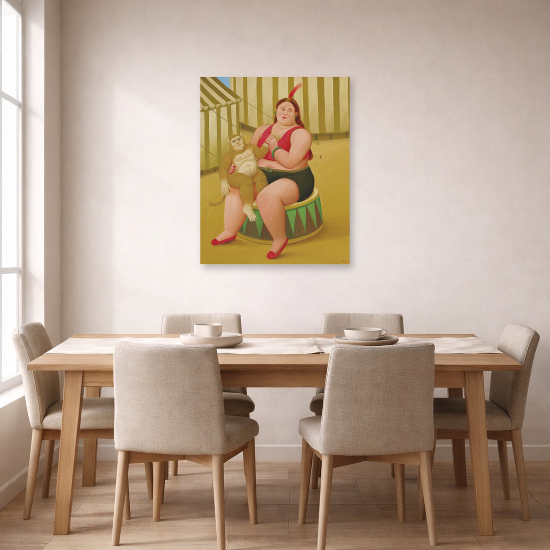 Unframed poster print of Fernando Botero's Seated Woman with Monkey displayed on a wall in a dining room
