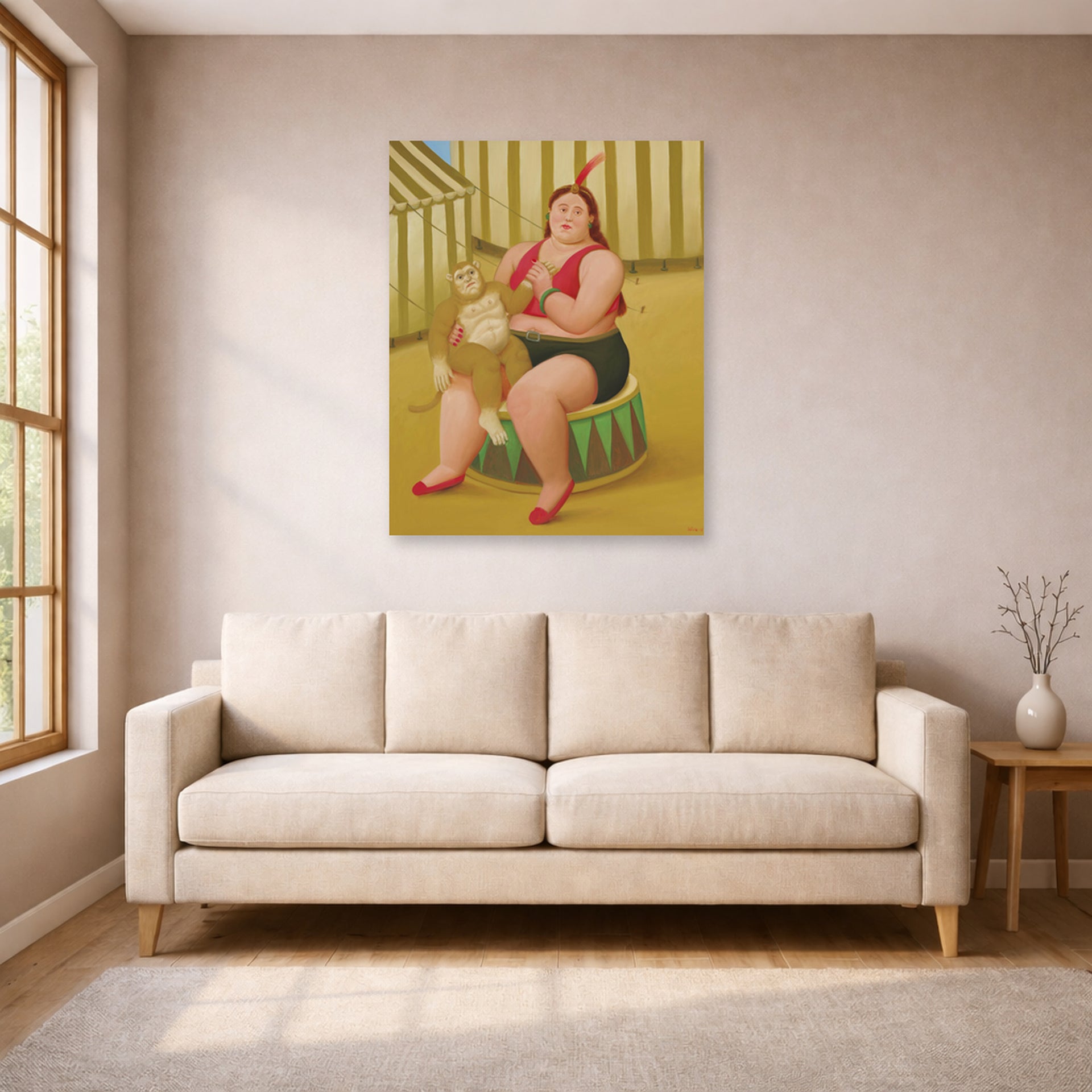 Unframed poster print of Fernando Botero's Seated Woman with Monkey displayed on a wall in a living room