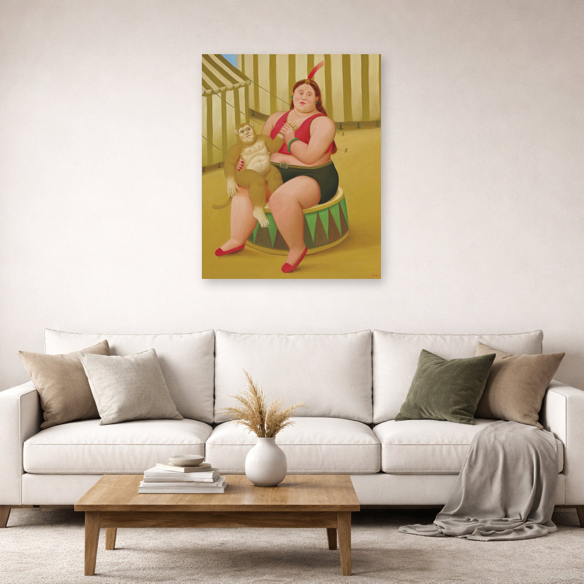 Unframed poster print of Fernando Botero's Seated Woman with Monkey displayed on a wall in a living room
