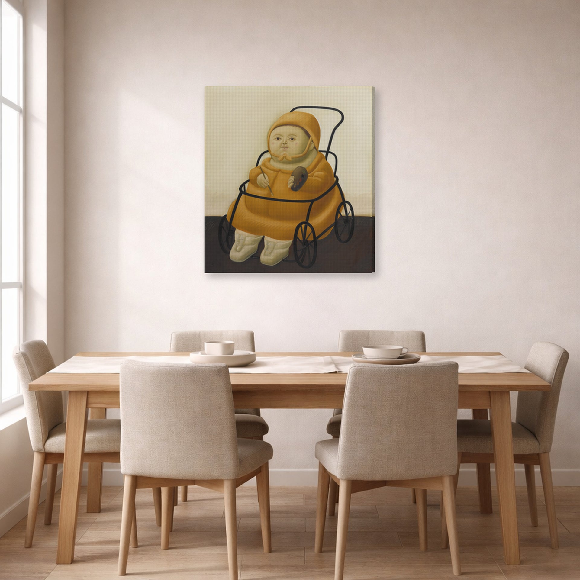 Gallery-wrapped canvas print of Fernando Botero's Self Portrait at Eighteen Months displayed on a wall in a dining room