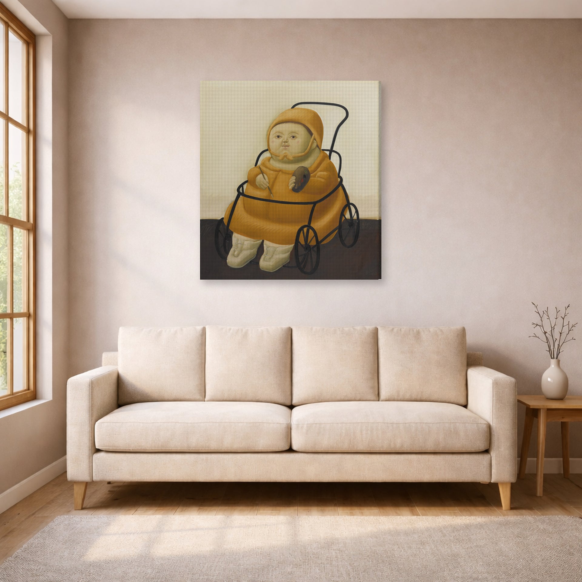 Gallery-wrapped canvas print of Fernando Botero's Self Portrait at Eighteen Months displayed on a wall in a living room