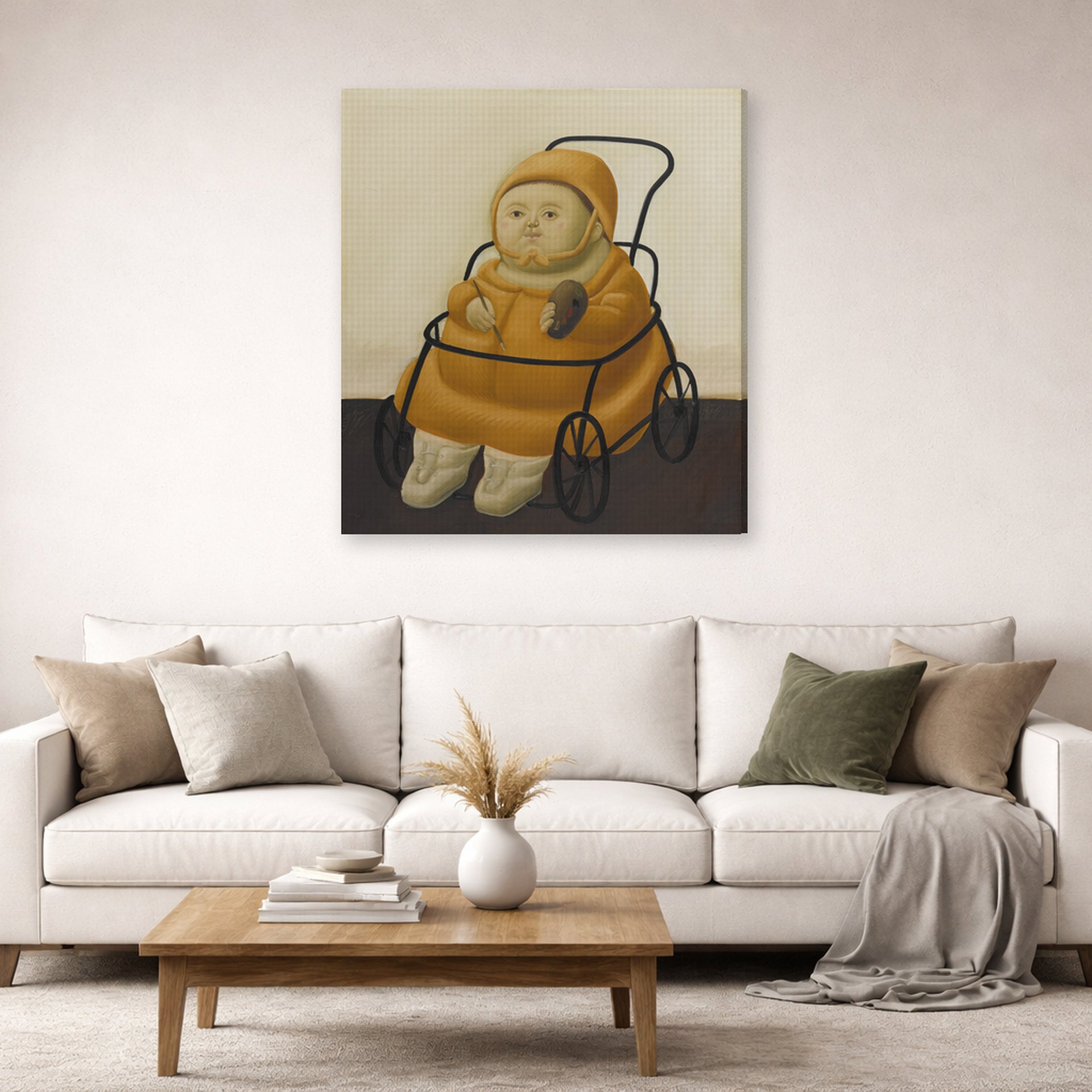 Gallery-wrapped canvas print of Fernando Botero's Self Portrait at Eighteen Months displayed on a wall in a living room