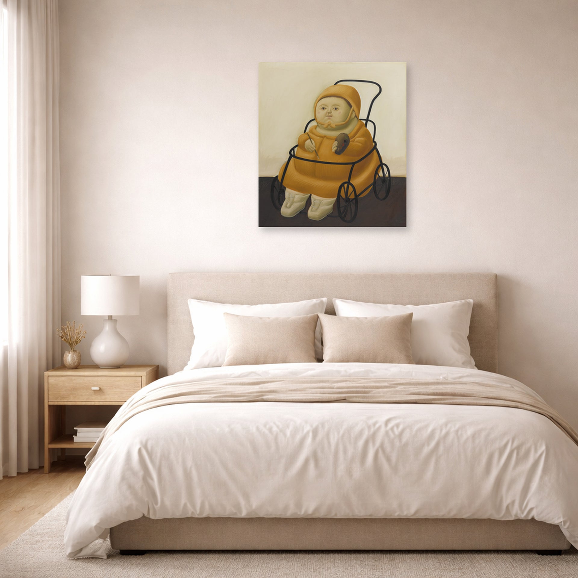 Unframed poster print of Fernando Botero's Self Portrait at Eighteen Months displayed on a wall in a bedroom