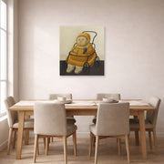 Unframed poster print of Fernando Botero's Self Portrait at Eighteen Months displayed on a wall in a dining room