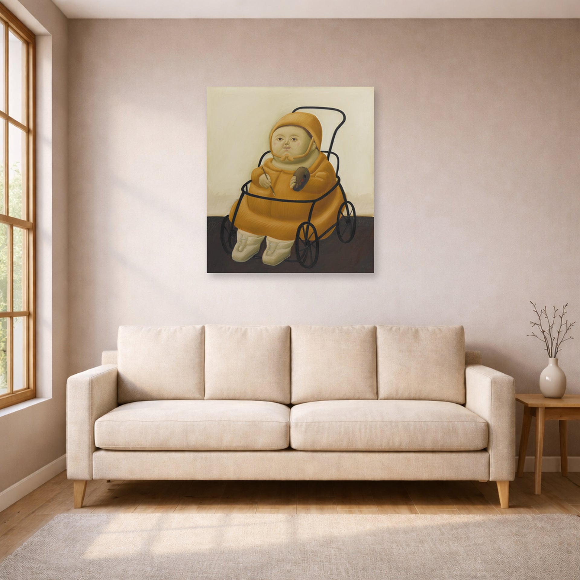 Unframed poster print of Fernando Botero's Self Portrait at Eighteen Months displayed on a wall in a living room