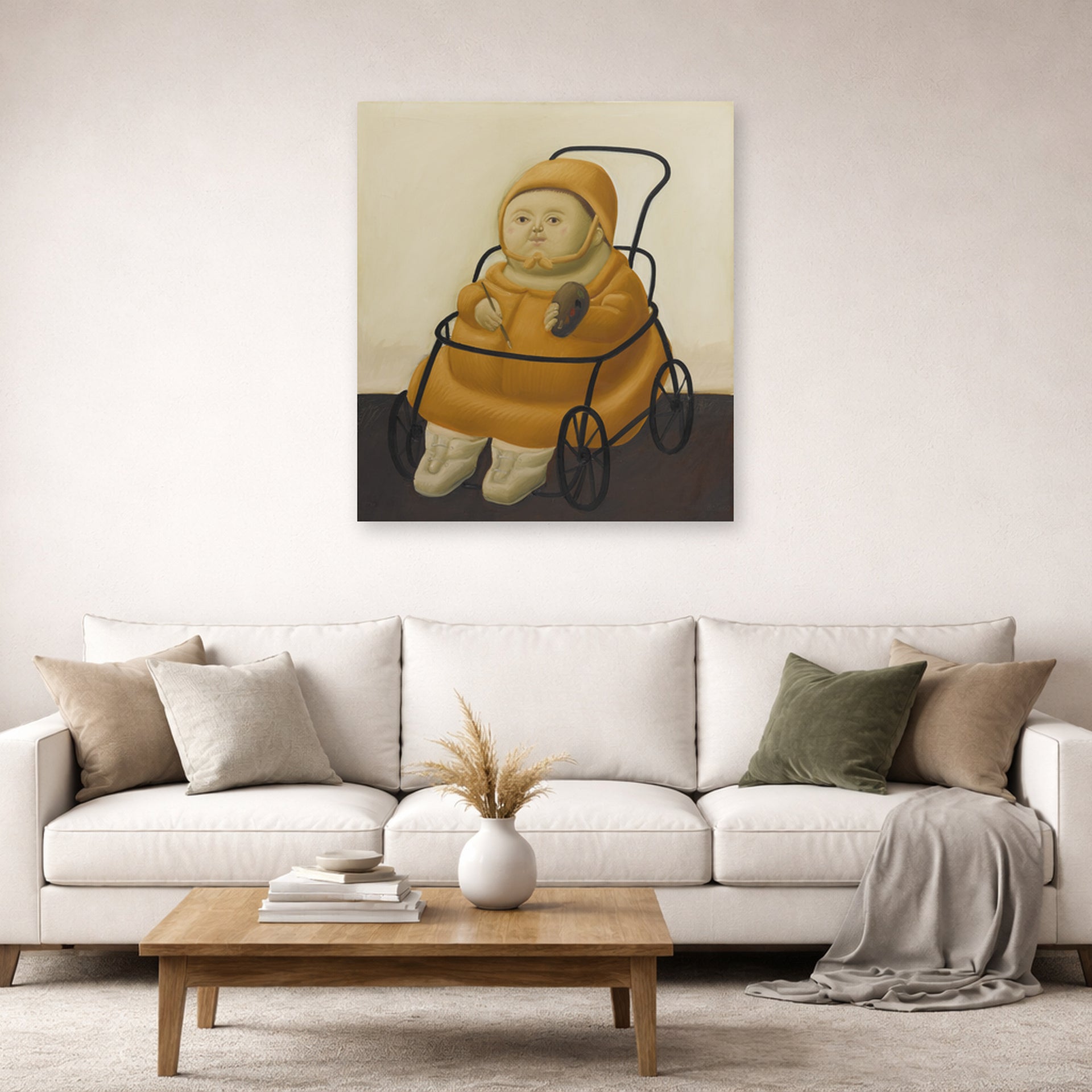 Unframed poster print of Fernando Botero's Self Portrait at Eighteen Months displayed on a wall in a living room