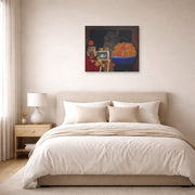 Gallery-wrapped canvas print of Fernando Botero's Self-portrait with Still Life displayed on a wall in a bedroom