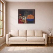 Gallery-wrapped canvas print of Fernando Botero's Self-portrait with Still Life displayed on a wall in a living room