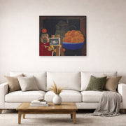 Gallery-wrapped canvas print of Fernando Botero's Self-portrait with Still Life displayed on a wall in a living room
