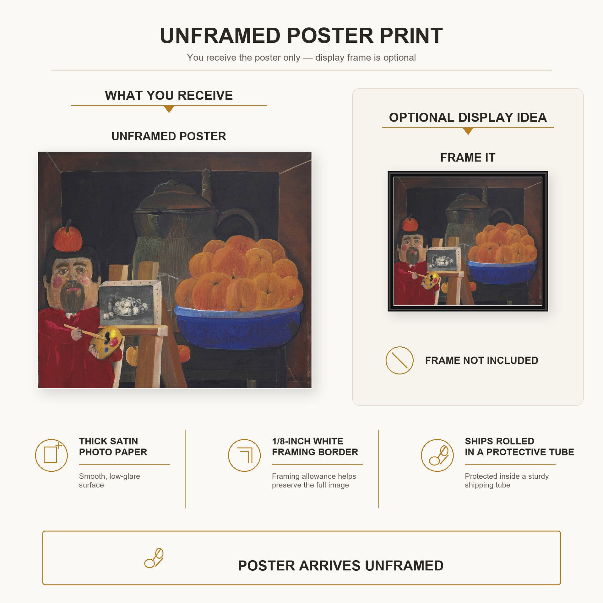 Fernando Botero - Self-portrait with Still Life poster print size comparison and framing display infographic