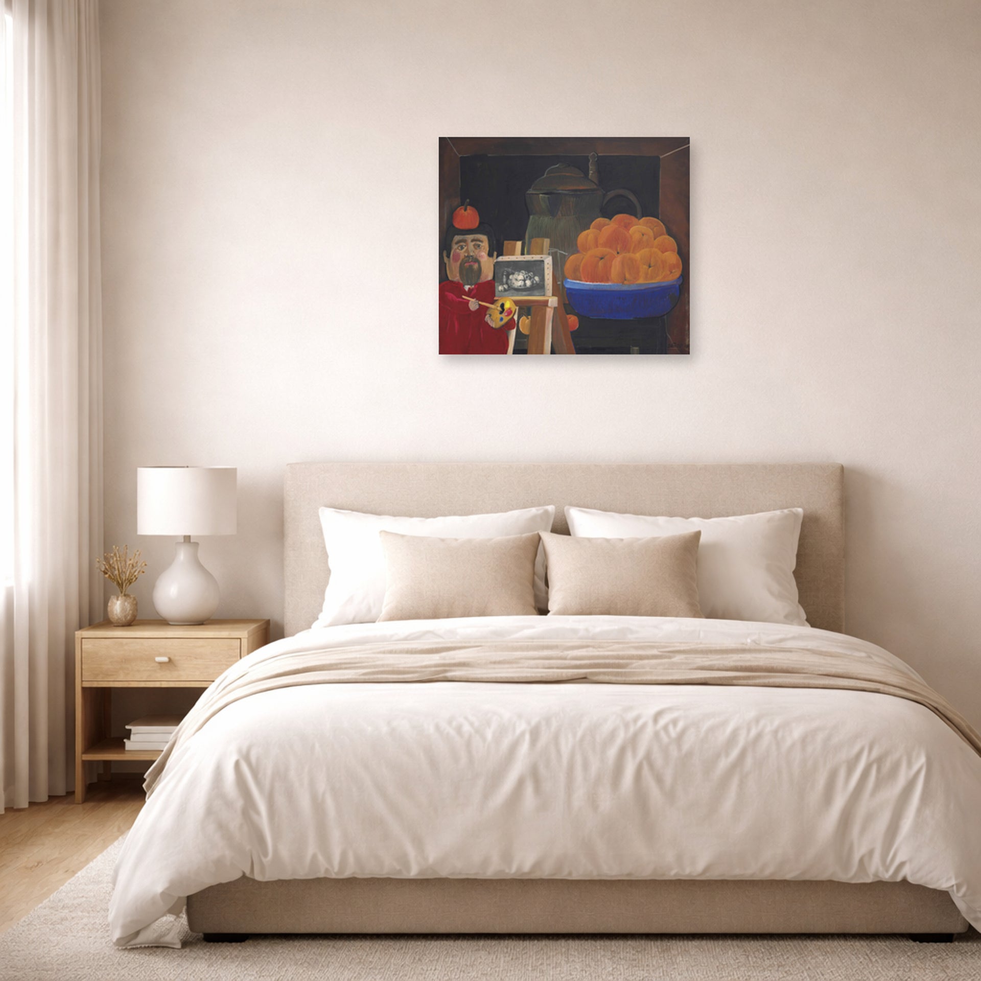 Unframed poster print of Fernando Botero's Self-portrait with Still Life displayed on a wall in a bedroom