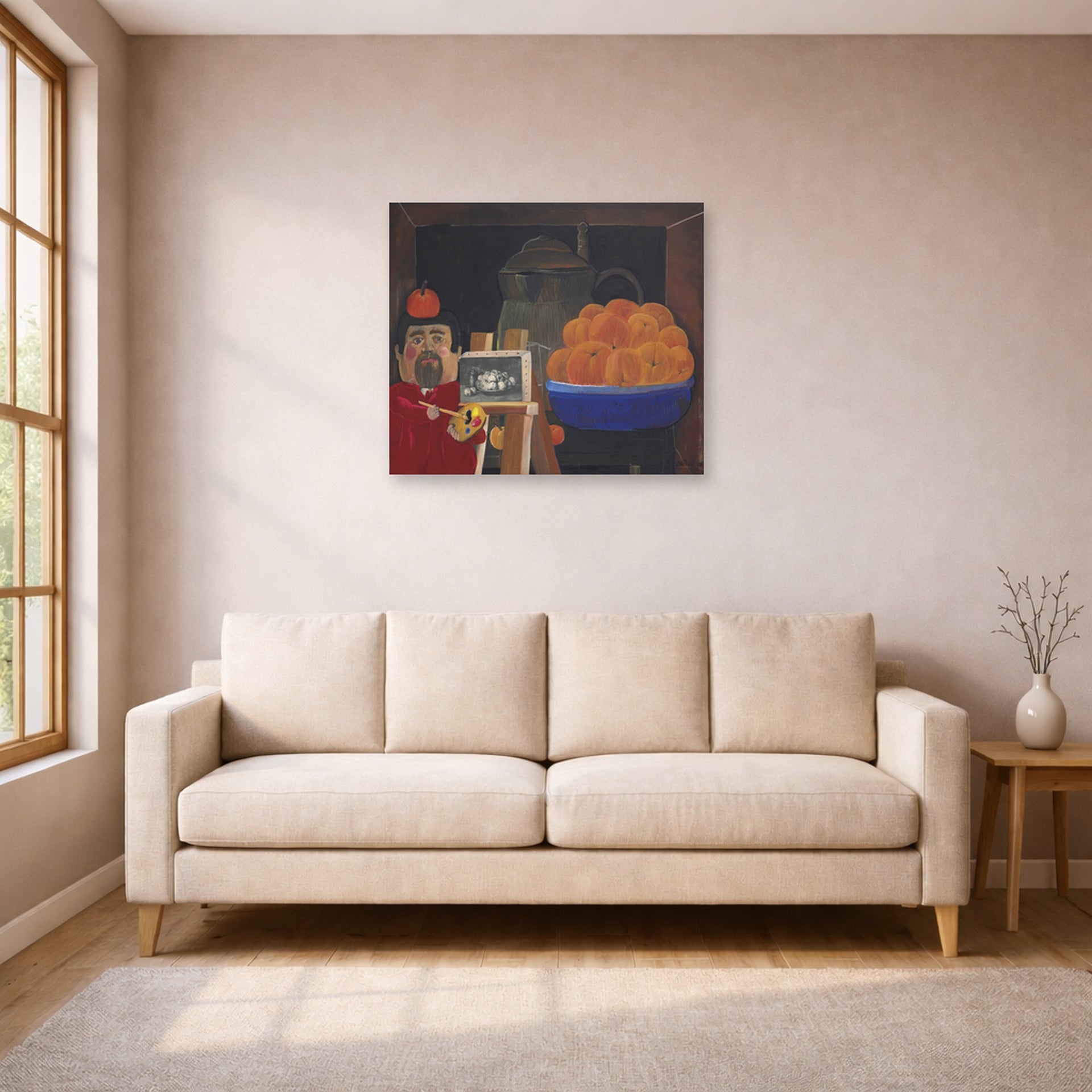 Unframed poster print of Fernando Botero's Self-portrait with Still Life displayed on a wall in a living room