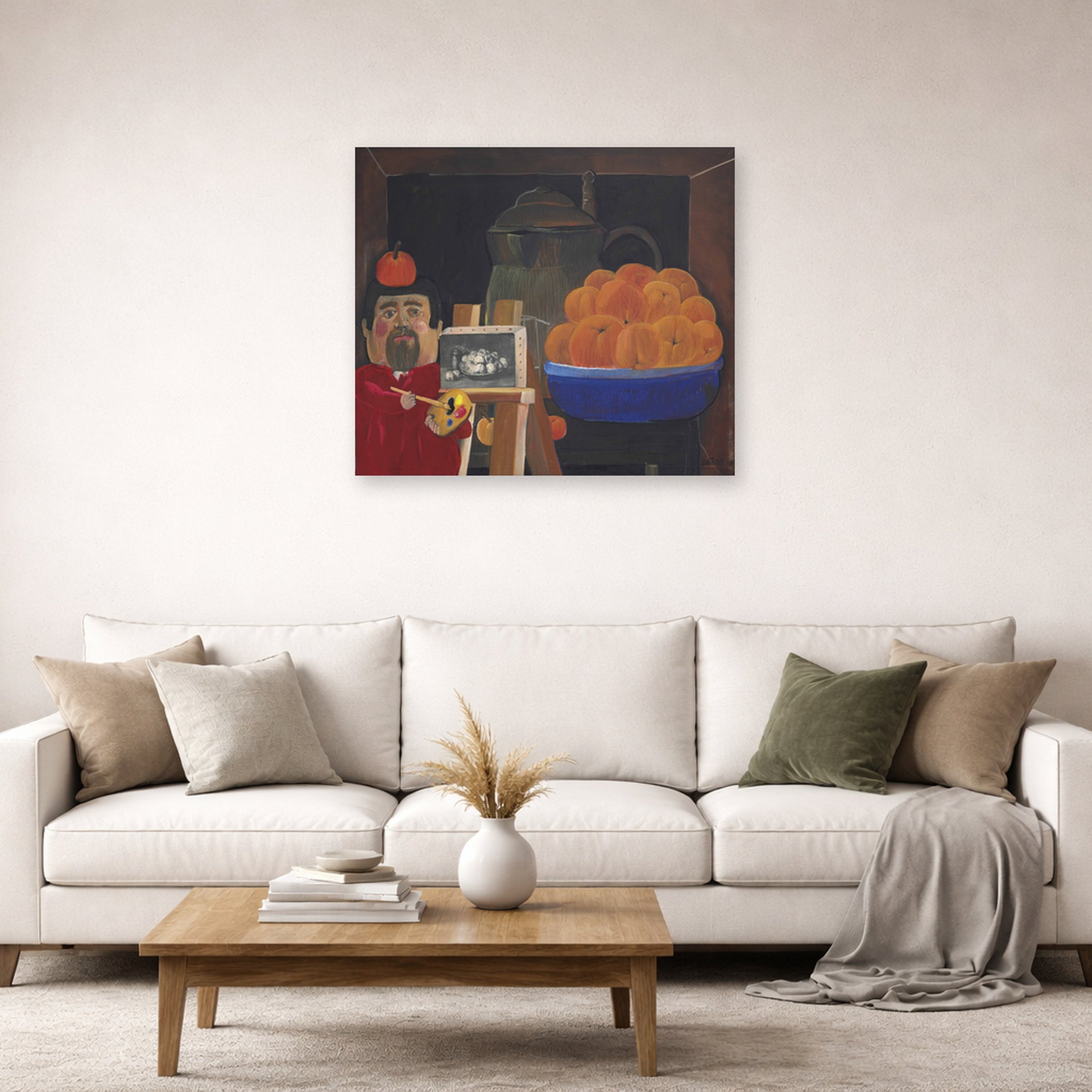 Unframed poster print of Fernando Botero's Self-portrait with Still Life displayed on a wall in a living room
