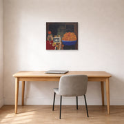 Unframed poster print of Fernando Botero's Self-portrait with Still Life displayed on a wall in a home office