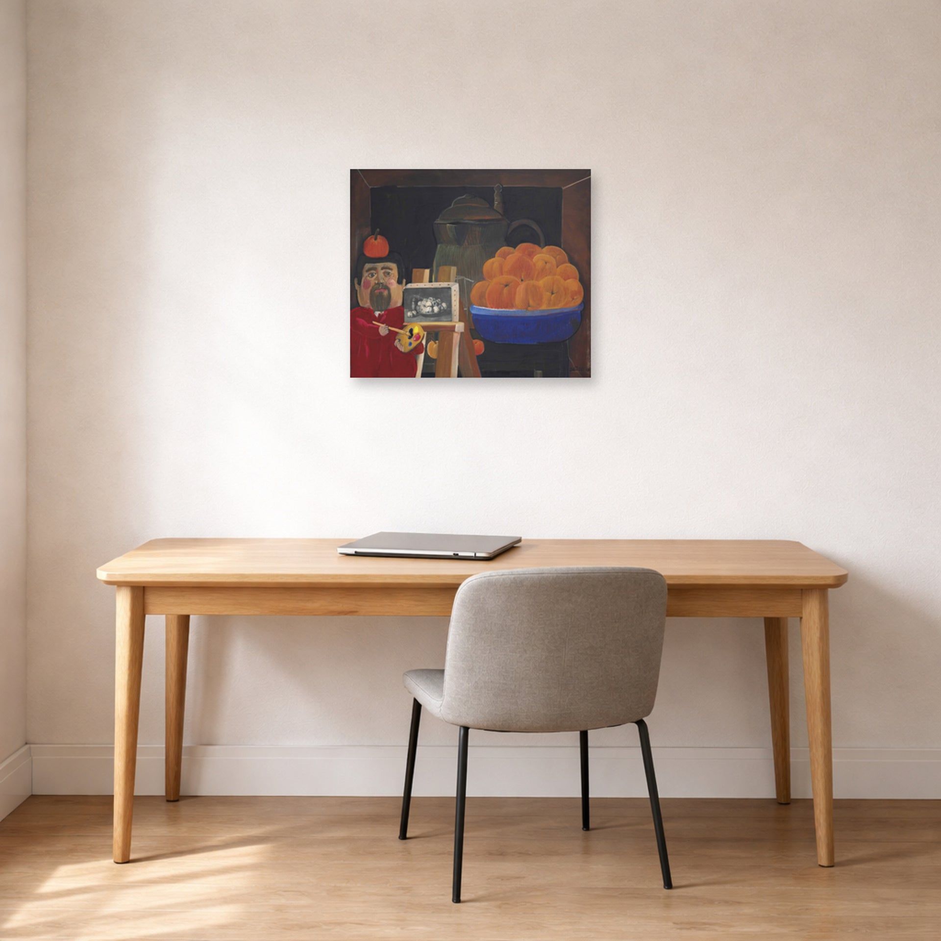Unframed poster print of Fernando Botero's Self-portrait with Still Life displayed on a wall in a home office
