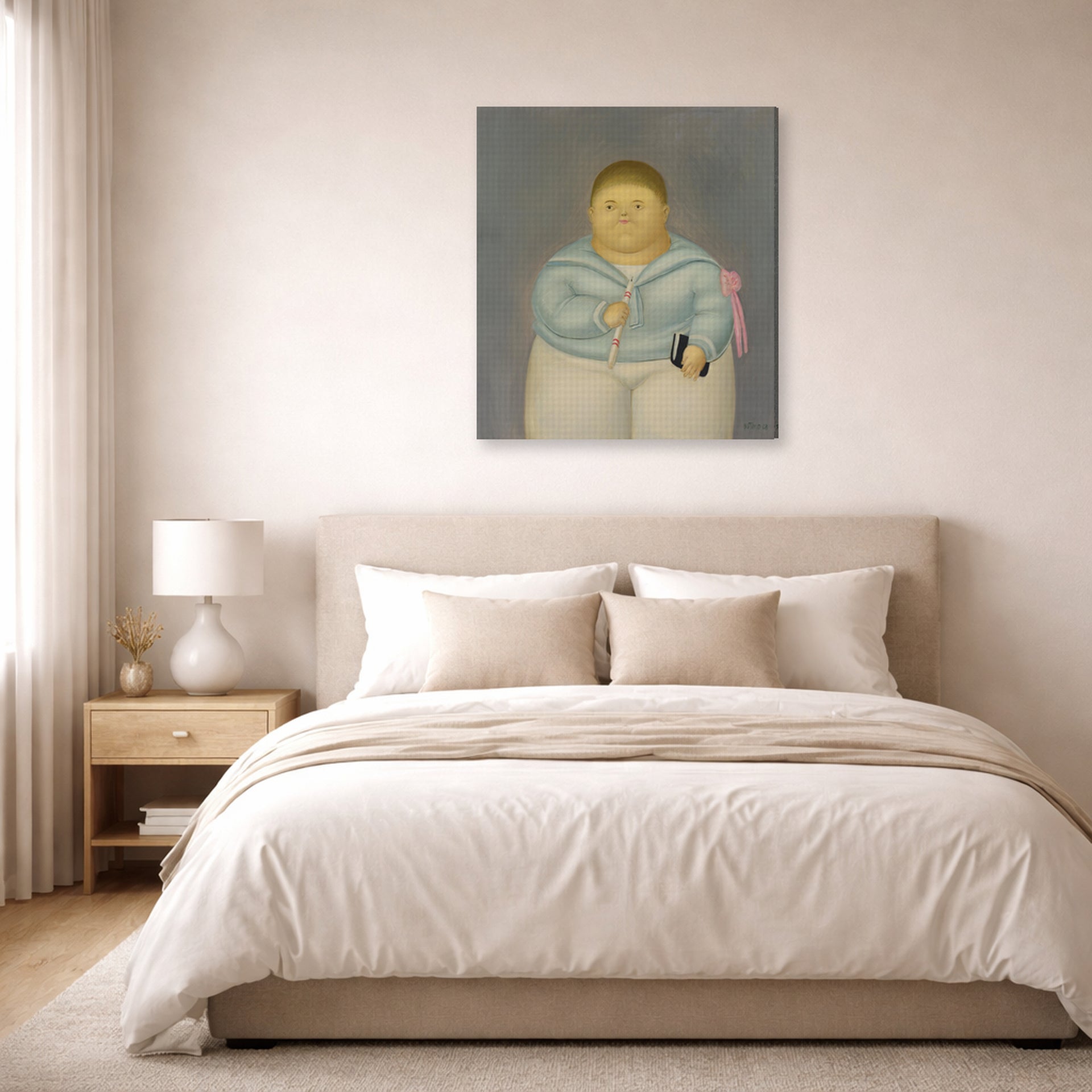 Gallery-wrapped canvas print of Fernando Botero's Self-portrait the Day of the First Communion displayed on a wall in a bedroom