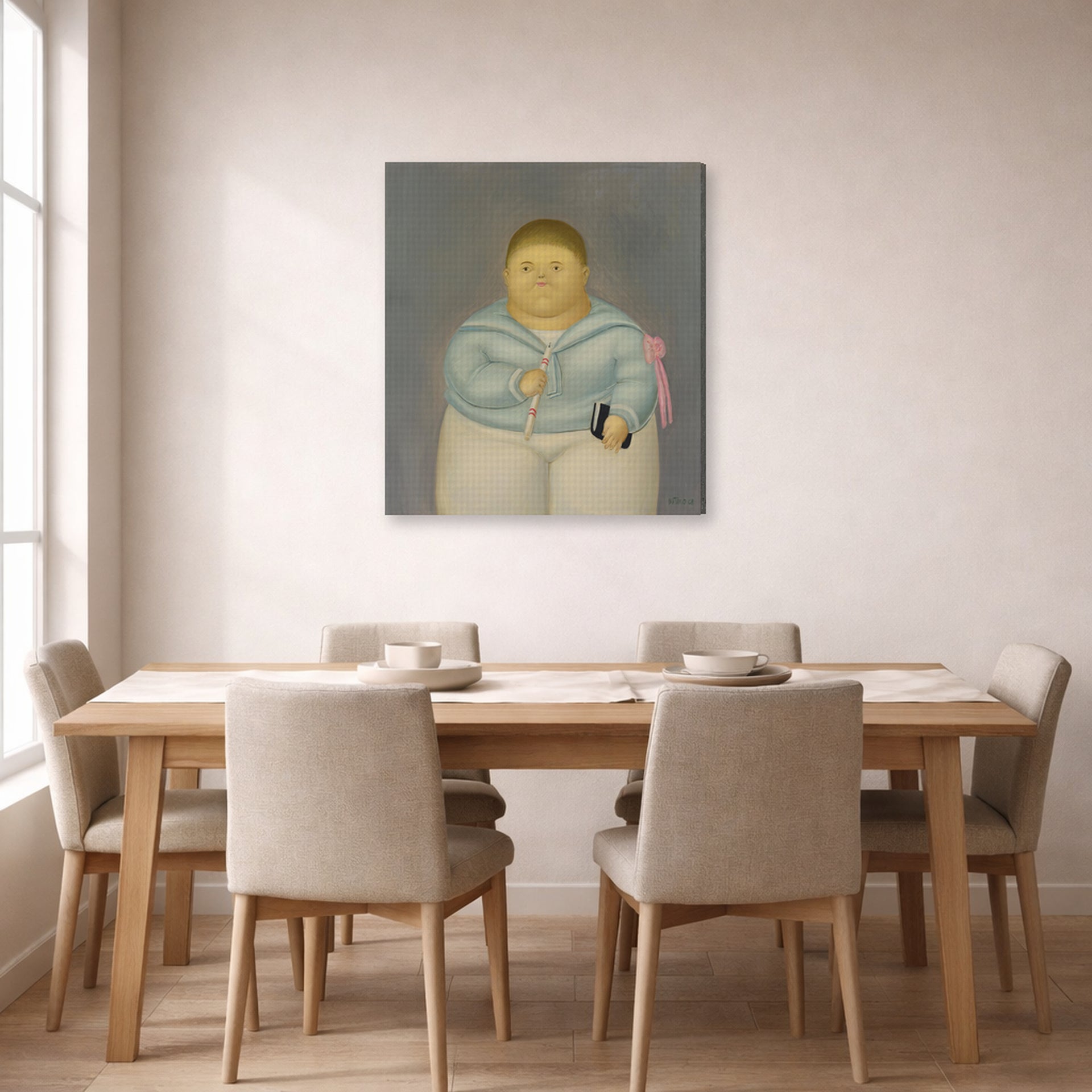 Gallery-wrapped canvas print of Fernando Botero's Self-portrait the Day of the First Communion displayed on a wall in a dining room