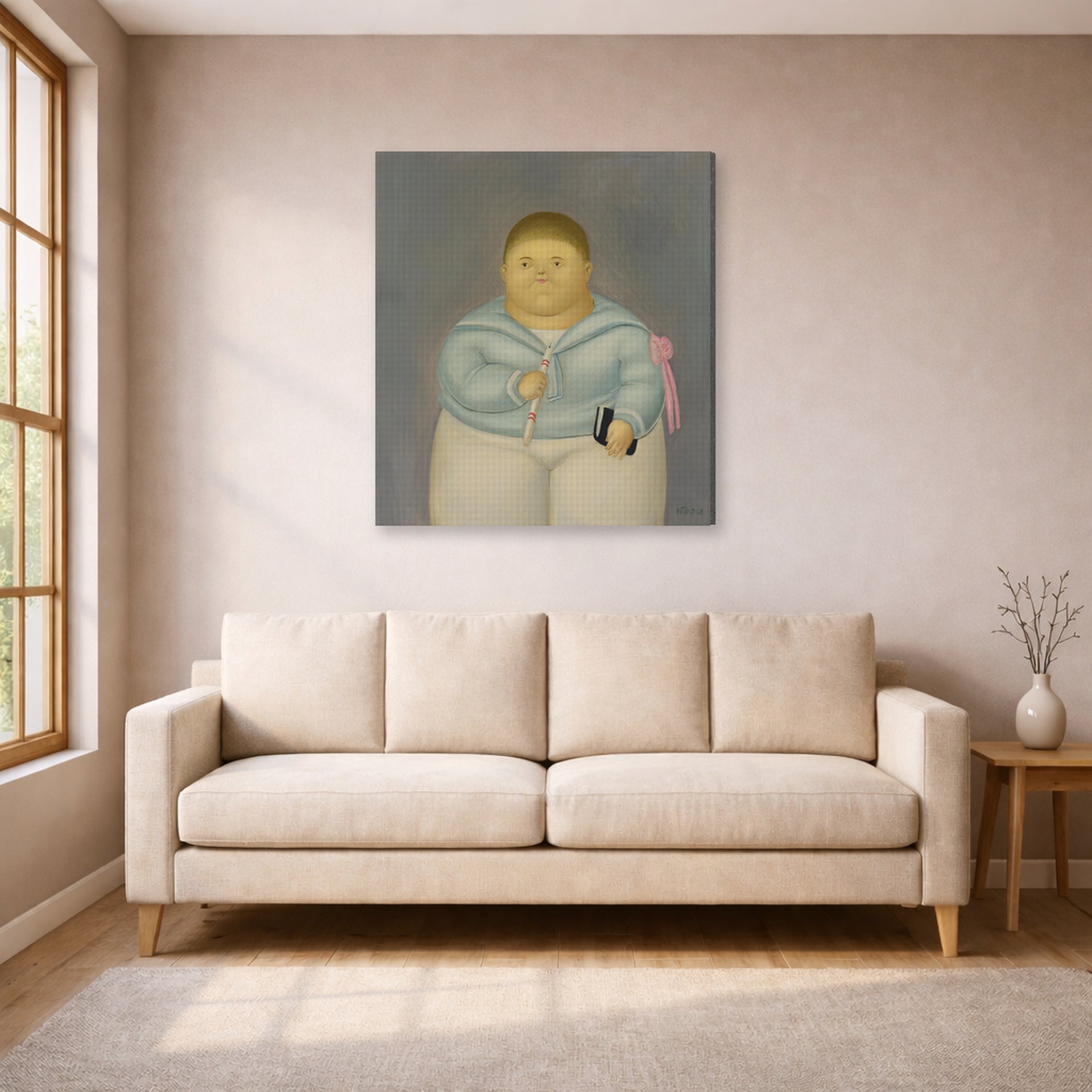 Gallery-wrapped canvas print of Fernando Botero's Self-portrait the Day of the First Communion displayed on a wall in a living room