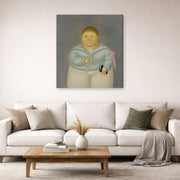 Gallery-wrapped canvas print of Fernando Botero's Self-portrait the Day of the First Communion displayed on a wall in a living room