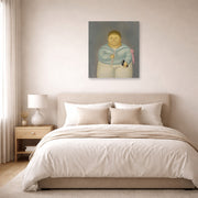 Unframed poster print of Fernando Botero's Self-portrait the Day of the First Communion displayed on a wall in a bedroom