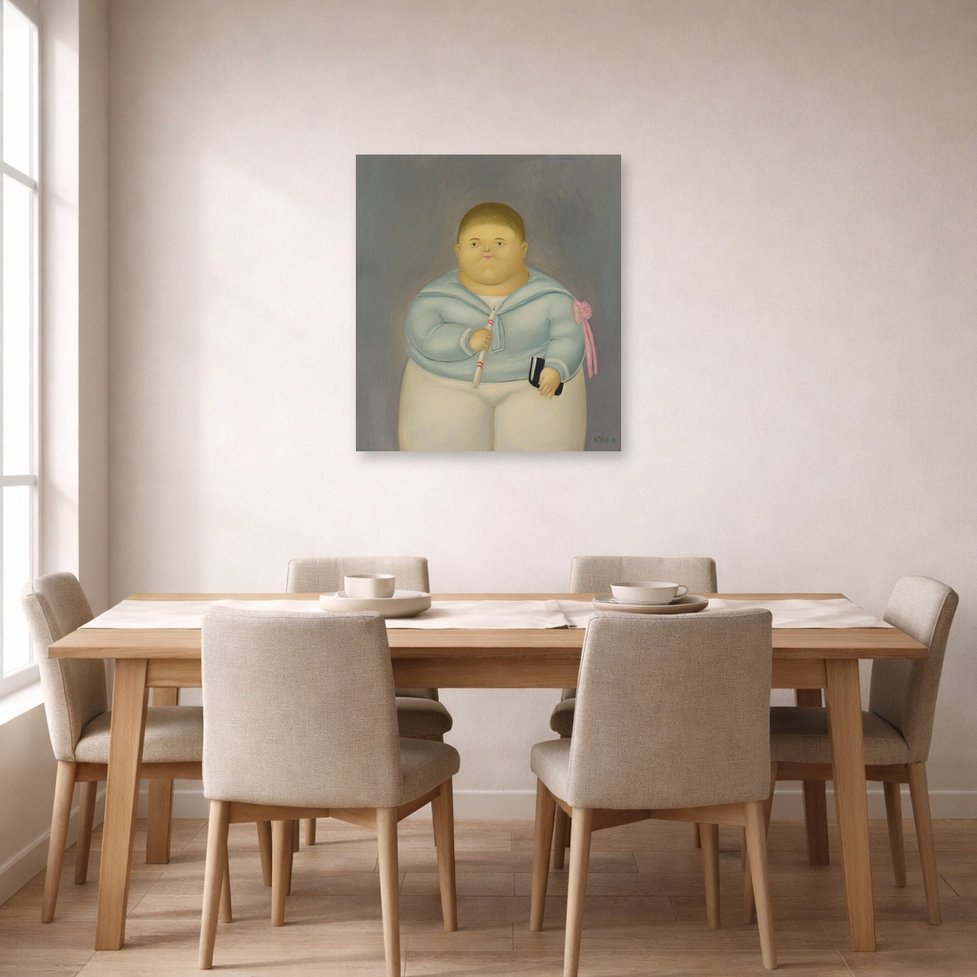 Unframed poster print of Fernando Botero's Self-portrait the Day of the First Communion displayed on a wall in a dining room