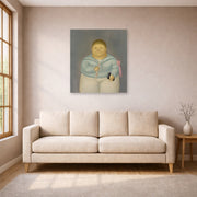 Unframed poster print of Fernando Botero's Self-portrait the Day of the First Communion displayed on a wall in a living room