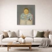 Unframed poster print of Fernando Botero's Self-portrait the Day of the First Communion displayed on a wall in a living room