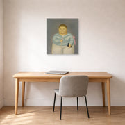 Unframed poster print of Fernando Botero's Self-portrait the Day of the First Communion displayed on a wall in a home office