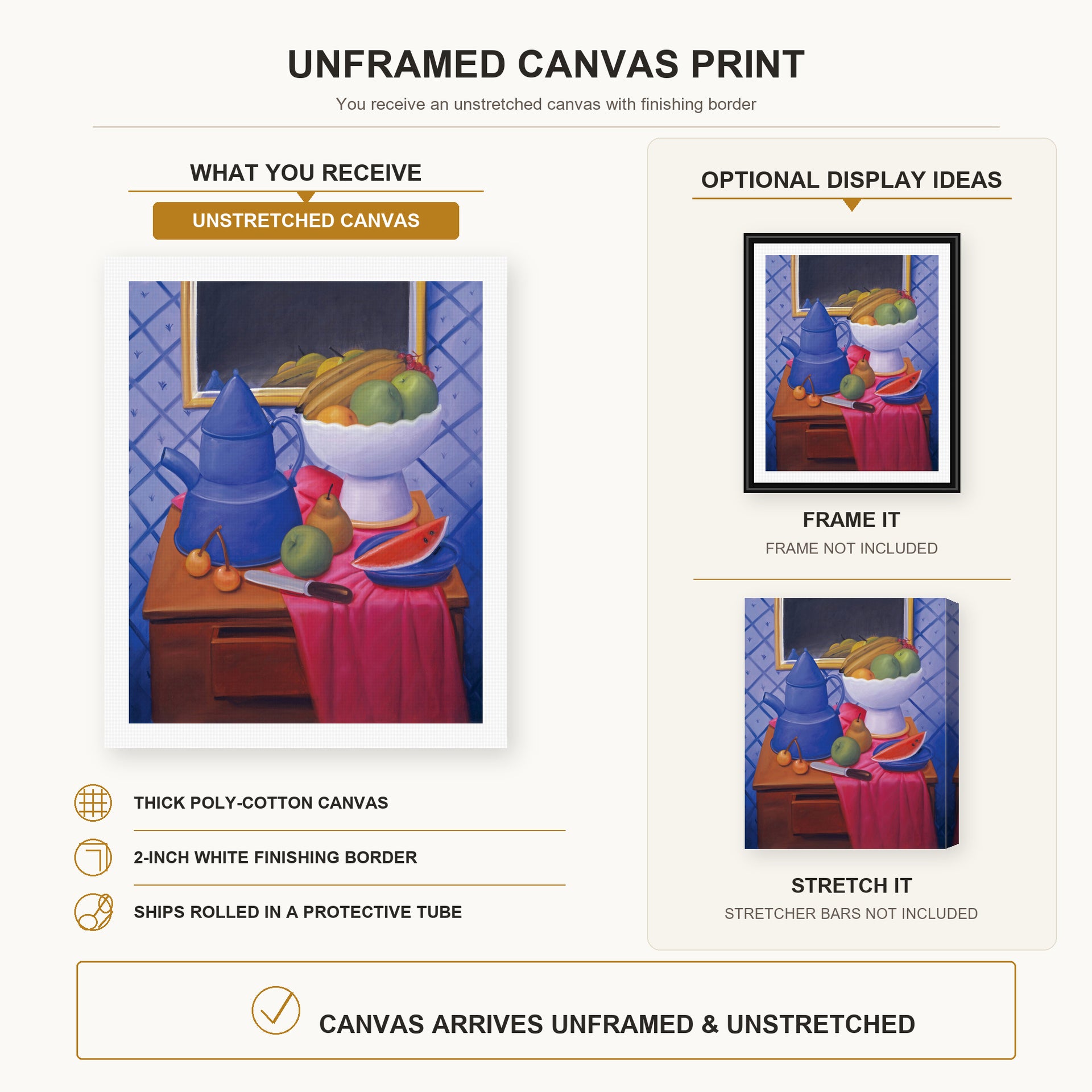 Fernando Botero - Still Life with Blue Coffee Pot canvas print size comparison and framing display infographic