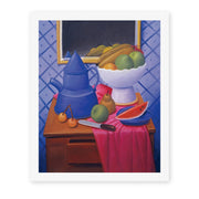 Fernando Botero's 'Still Life with Blue Coffee Pot' painting reproduced as a rolled canvas print