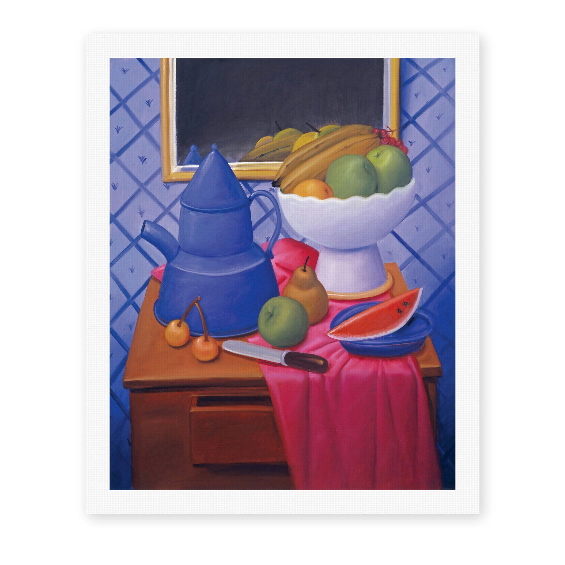Fernando Botero's 'Still Life with Blue Coffee Pot' painting reproduced as a rolled canvas print