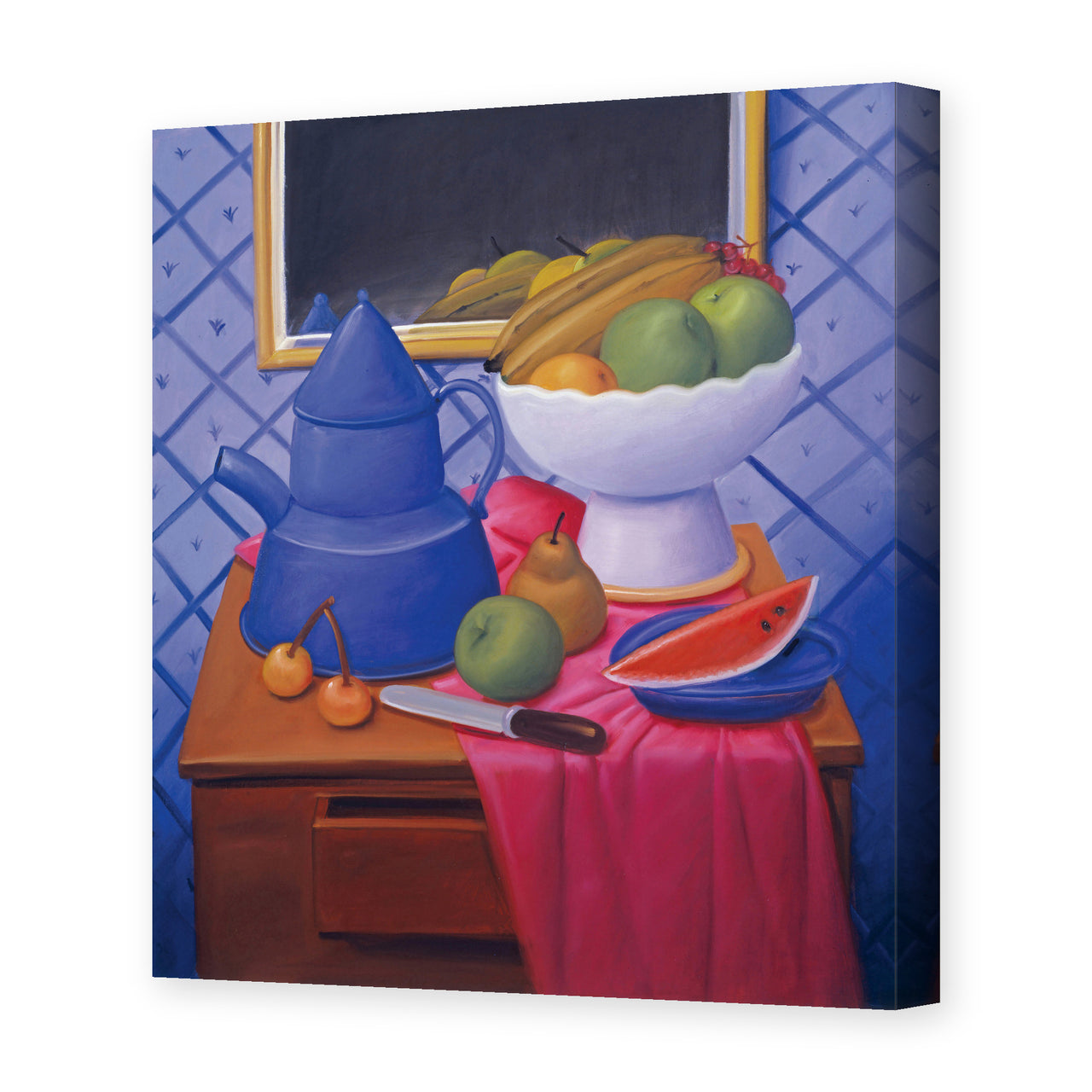 Fernando Botero's 'Still Life with Blue Coffee Pot' painting reproduced as a gallery-wrapped canvas print
