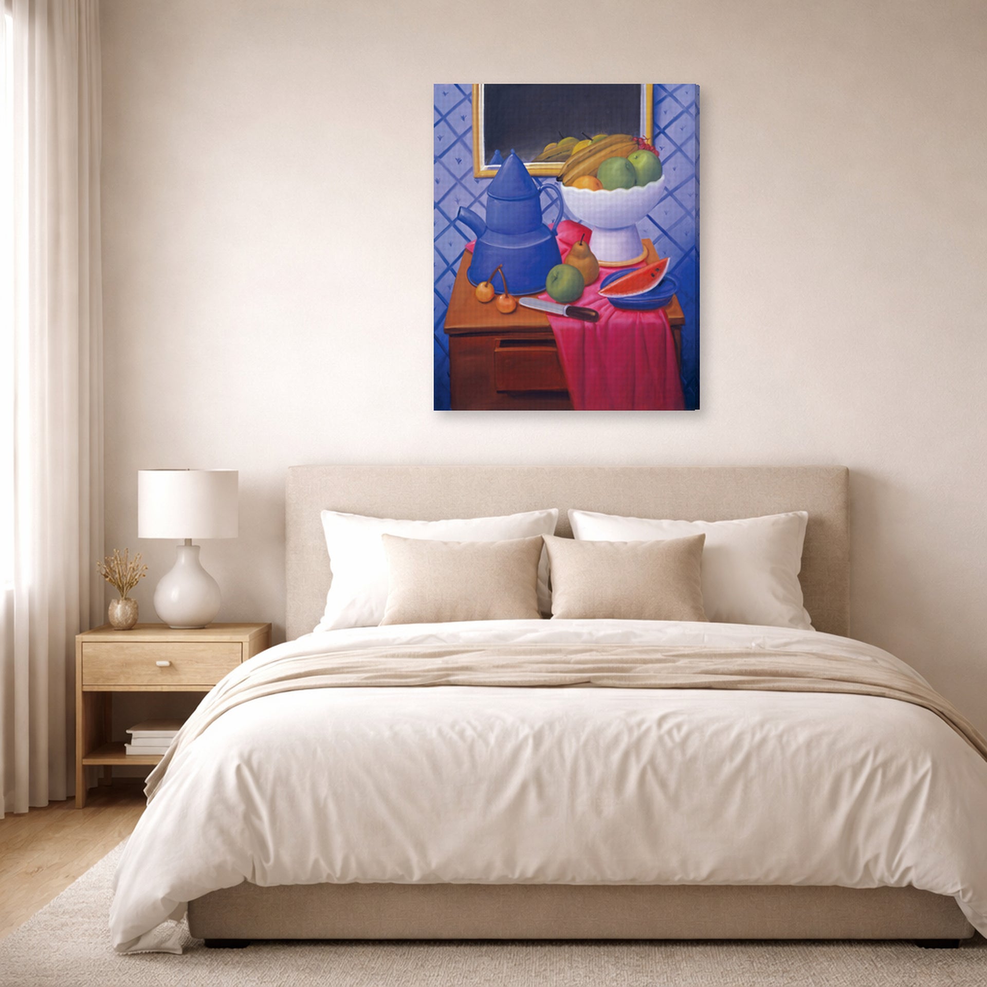 Gallery-wrapped canvas print of Fernando Botero's Still Life with Blue Coffee Pot displayed on a wall in a bedroom