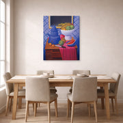 Gallery-wrapped canvas print of Fernando Botero's Still Life with Blue Coffee Pot displayed on a wall in a dining room