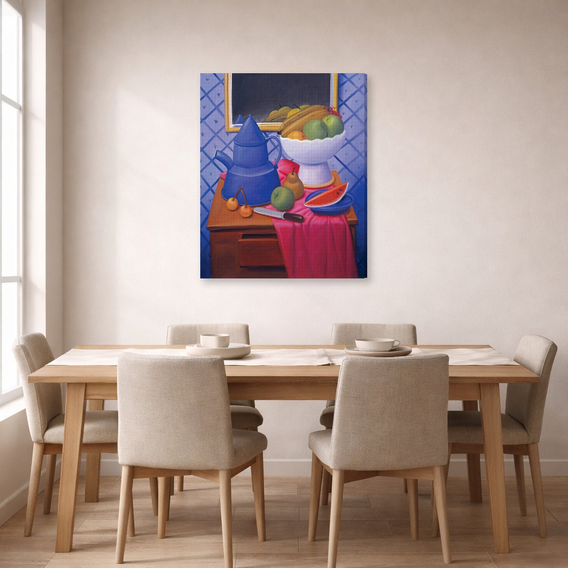 Gallery-wrapped canvas print of Fernando Botero's Still Life with Blue Coffee Pot displayed on a wall in a dining room