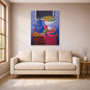 Gallery-wrapped canvas print of Fernando Botero's Still Life with Blue Coffee Pot displayed on a wall in a living room