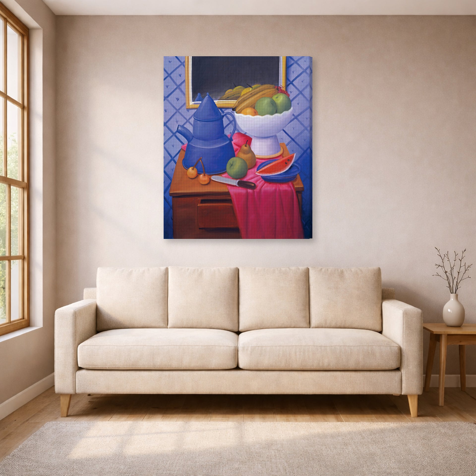 Gallery-wrapped canvas print of Fernando Botero's Still Life with Blue Coffee Pot displayed on a wall in a living room