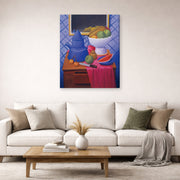 Gallery-wrapped canvas print of Fernando Botero's Still Life with Blue Coffee Pot displayed on a wall in a living room