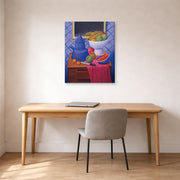 Gallery-wrapped canvas print of Fernando Botero's Still Life with Blue Coffee Pot displayed on a wall in a home office