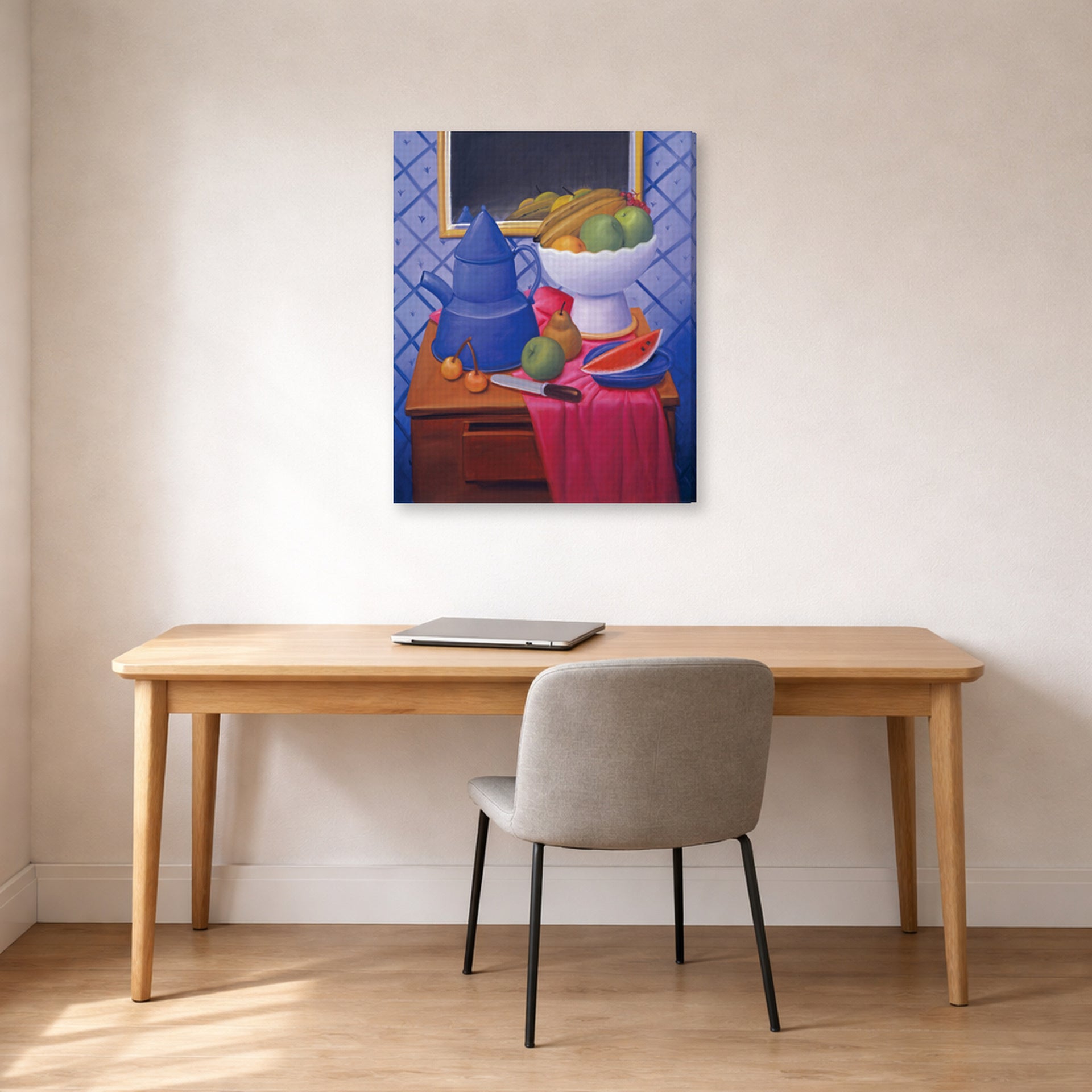 Gallery-wrapped canvas print of Fernando Botero's Still Life with Blue Coffee Pot displayed on a wall in a home office