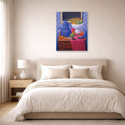 Unframed poster print of Fernando Botero's Still Life with Blue Coffee Pot displayed on a wall in a bedroom