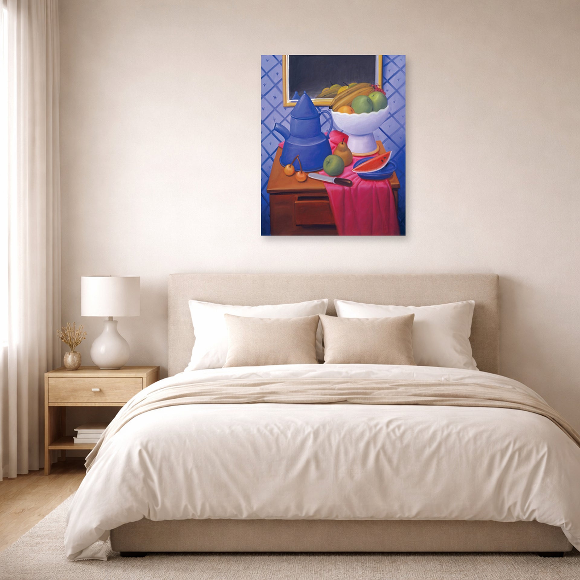 Unframed poster print of Fernando Botero's Still Life with Blue Coffee Pot displayed on a wall in a bedroom